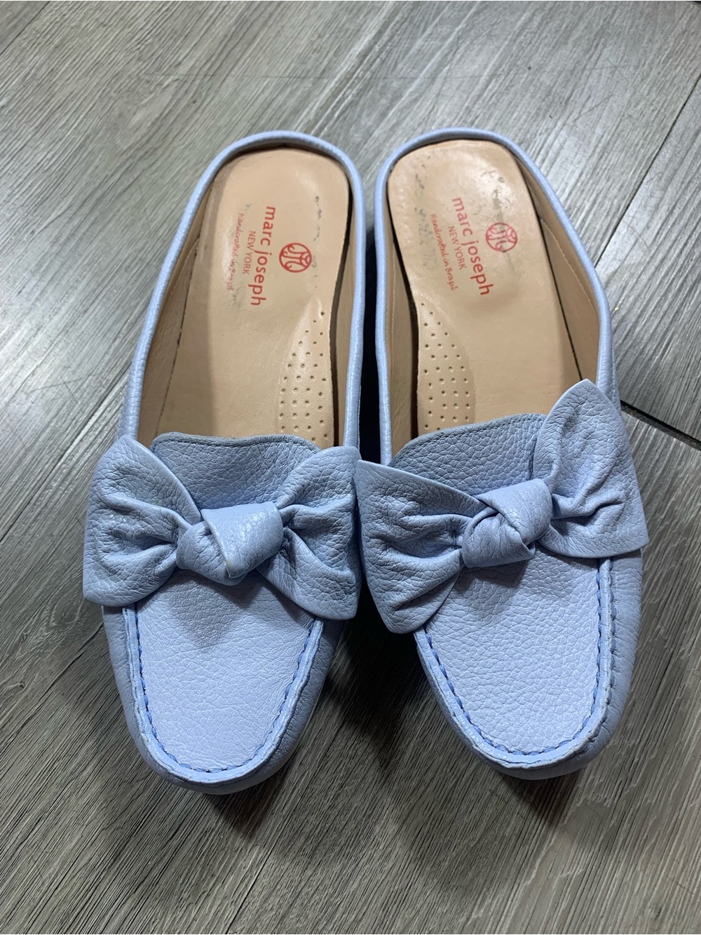 Marc Joseph New York Diane Street Mule Baby Blue Leather Bow Detail   size 8.5